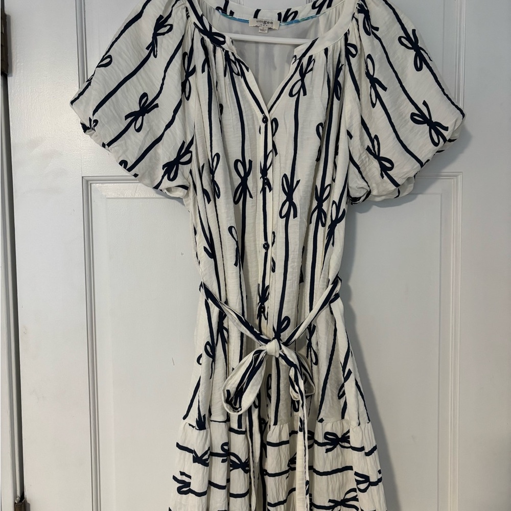 Umgee White Dress with Black Bow Stripes